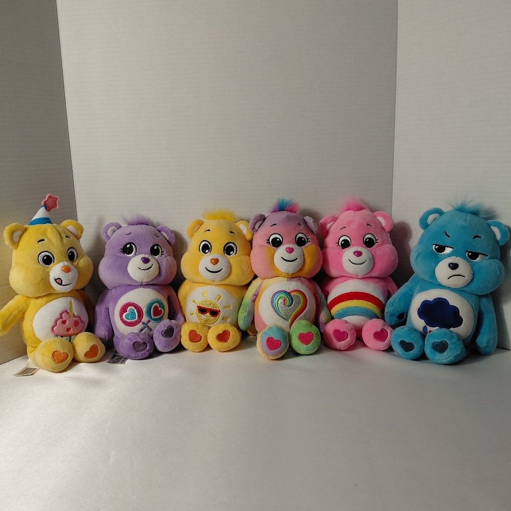 6- 9" Care Bears Plush Set - 2- Yellow, Purple, Pink, Blue, Multicolor
